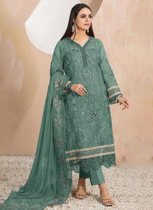 Organza Teal Eid Wear Embroidery Work Pakistani Suit